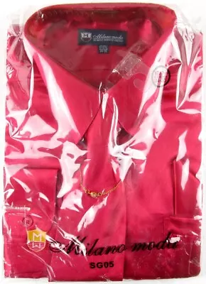 NWT Milano Moda Men's Shiny Red Satin 4 Pc. Dress Shirt Set 17-17.5 (34/35) • $17.47