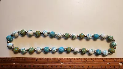 VIVA BEADS 20  Necklace - 13mm Blue Brown White Polymer Beads With Silver • $18