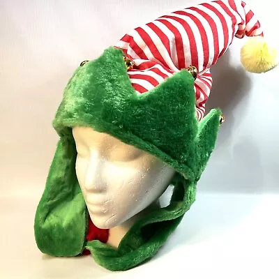 Christmas Elf Hat Plush Green Red/ White Stripe Jingle Bells Pom Poms Adult Size • $9.99
