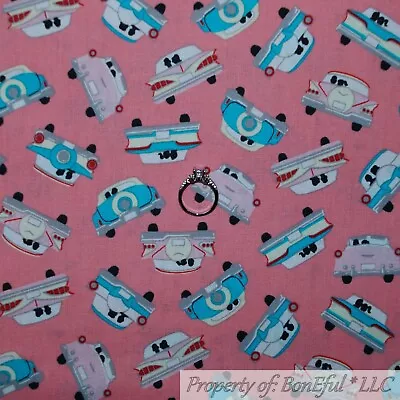 BonEful Fabric FQ Cotton Quilt Pink Aqua Teal Blue VTG Classic Sport Car Antique • $4.38