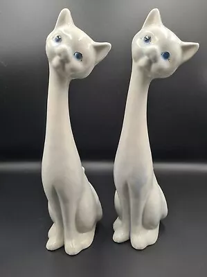 Vintage White Cat Retro Kitsch Ceramic Sitting Figurines Pair Long Neck Cat • $69.95