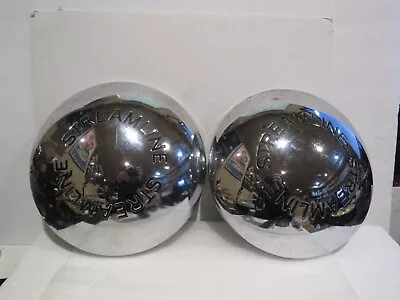 Vintage STREAMLINE RV Vintage Trailer Hub Caps Pair Trim Moon  Style RARE Chrome • $414