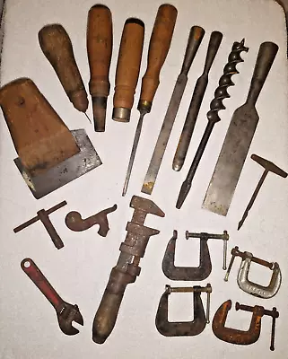 Lot ANTIQUE VINTAGE Tools Mixed Wrench Woodworking Clamps Chisels And More • $12.99