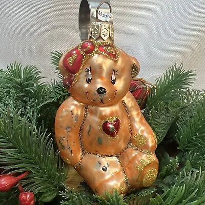 Made In Poland Teddy Bear Glass Ornament Heart Bearbrown Red Heart Glitter 4 In • $4.09