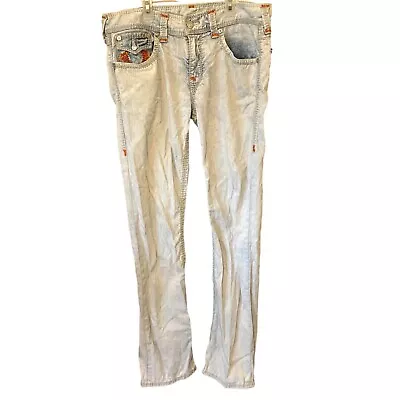 Men’s Y2K True Religion Light Wash Jeans Orange Embroidery Straight Leg Size 36 • $58.99