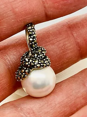 925A Sterling Silver & Marcasite Knotted Pearl Pendant - 1  T - 12mm White Pearl • $19