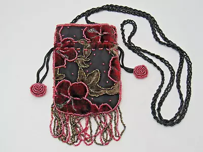 Beaded Purse Dark Burgundy Velvet Drawstring Pouch Hand Beaded Crossbody • $25