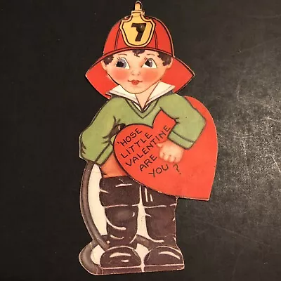 Vtg Die Cut Valentine Day Card Cute Firefighter Boy Fireman Hat Hose Boots “Hose • $5.29