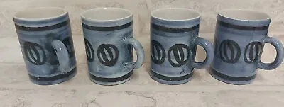 Cinque Ports The Monastery Rye Pottery MCM Blue & Black Glaze 4 Cups Vintage • £18.50