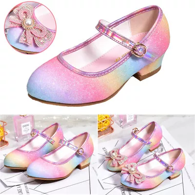 Kids Girls Party Wedding Mary Jane Rainbow Sparkly Sandals Low Heel Shoes Size • $39.59