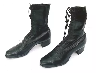 Vintage 20s Antique Black Leather Lace-up High Boots Shoes Mint Barely Worn 7-8N • $213.64