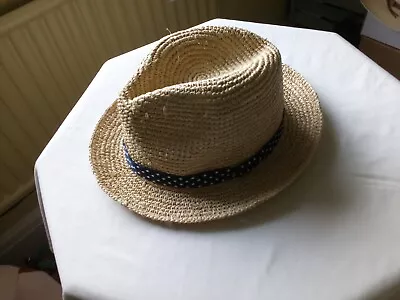 Fat Face Straw Trilby Hat With  Blue Poker Dot Ribbon • £12