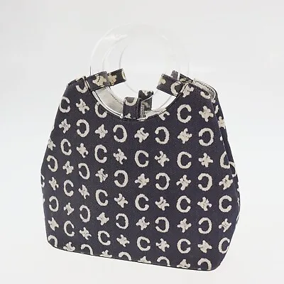 CELINE C Macadam Pattern Used Handbag Navy Canvas Leather #CH33 S • $219