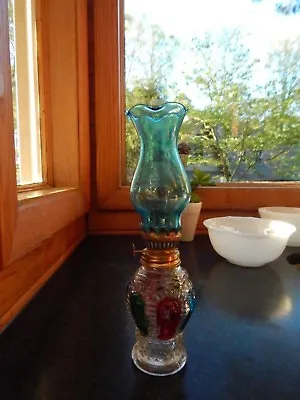 VINTAGE Miniature Green & Red Painted Glass Oil Lamp W/ Globe Made In Hong Kong • $34