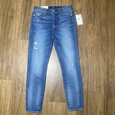 7 For All Mankind Jeans Womens 29x27 Blue Distressed HIGH WAIST Ankle Skinny NWT • $32.89