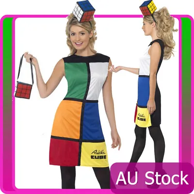 $42.50 • Buy Womens Rubiks Cube Costume Halloween Rubik's 80s 80's Fancy Dress + Bag Headband