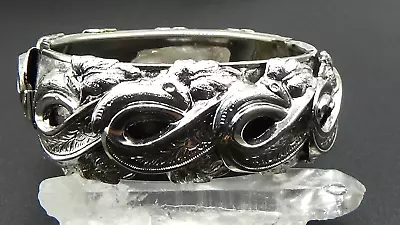 Vintage Etched Repousse Silver Hinged Bangle Bracelet 7  & 1  Wide • $31.95