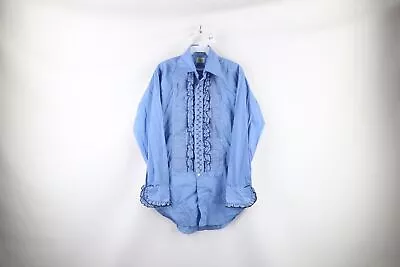 Vintage 60s Streetwear Mens Size 14 Gothic Ruffled Tuxedo Button Shirt Blue USA • $62.95