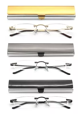 EYE ZOOM Rimless Reading Glasses With Slim Case Men And Women Multi Color • $11.99