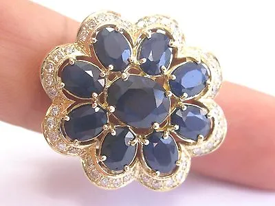 $2767.33 • Buy Fine BIG Gem Blue Sapphire Diamond Yellow Gold Flower Ring 14Kt 11.57Ct