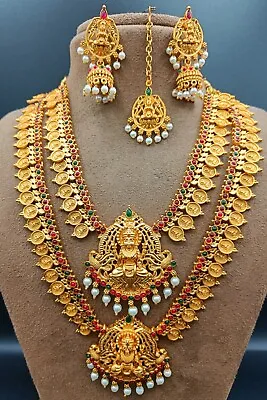 22K Gold Plated South Indian Temple Pearl Jewelry Bollywood Ethnic Necklace Sets • £27.10