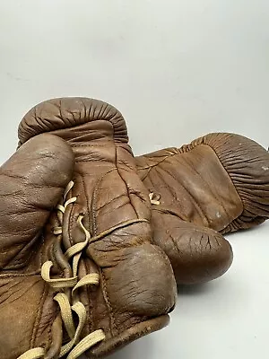 Brown Leather Straw Filled Decathlon Boxing Gloves. Old Vintage C1920. • $189.69