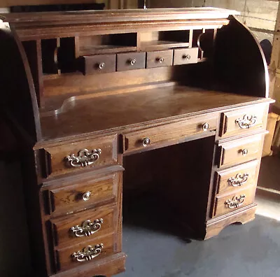 Solid Oak Roll Top Desk Brass Handles 1980s  American Made One Owner • $100