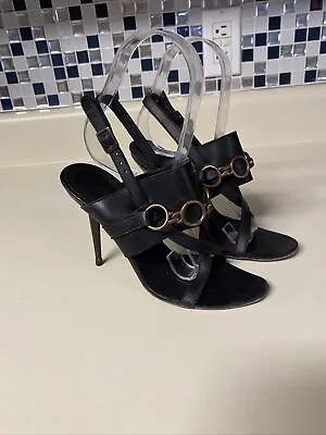 Manolo Blahnik Black Leather Chain Strap Stiletto Heels Women’s Sz 34.5 Guya • $75