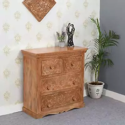 Caplope Carved Solid Mango Wood Chest Of 4 Drawers Cabinet For Living Room • £459