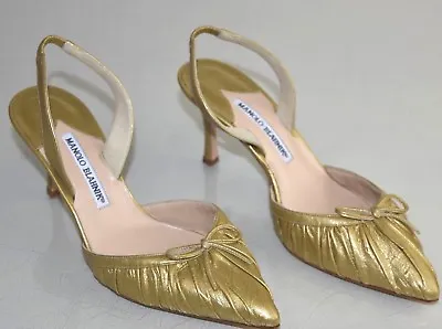 New Manolo Blahnik RAGANGISLI 70 Carolyne Pump Leather Halter Gold Bow Shoes 37 • $365