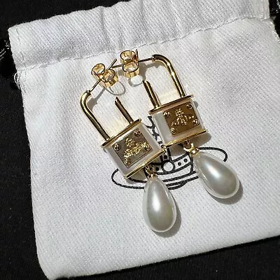 Vivienne Westwood Orb BAS Saturn Padlock Pearls Drop Earrings Gold Tone • $9.99