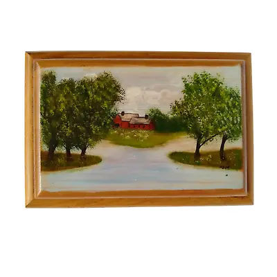 Vintage Hand Painted Wood Trinket Box Countryside Folk Art Cottagecore Decor • $16