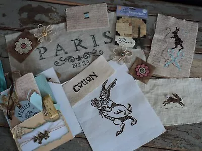 8 Completed Cross Stitch Paris Primitive Bunnies Flowers Sewing Junk Journal Lot • $28