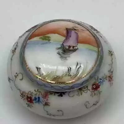 Vtg Miniature Porcelain Trinket Box Hand Painted Boat Water Flowers Japan Signed • $18.99