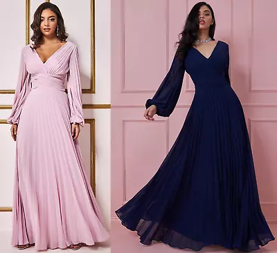 £59.99 • Buy Goddiva Chiffon Balloon Long Sleeve Pleated Maxi Evening Dress Prom Bridesmaid