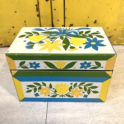 Vintage Syndicate Mfg Co Tin Metal Recipe Box Mcm Yellow Orange Blue Floral • $24.99