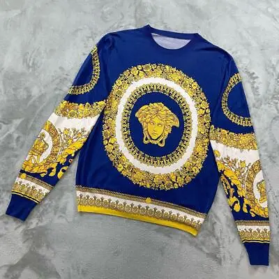 GIANNI VERSACE  Baroque/Medusa Print Silk100%  Sweater Blue Men Size 46 • $472.99