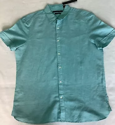 Perry Ellis Button Up Shirt Linen Blend Mens Large Short Sleeves Aqua Collar • $21.52