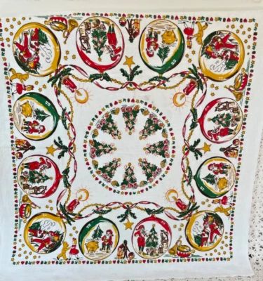 $29.99 • Buy Vintage Linen MCM Tablecloth Christmas Scenes Trees Santa Garland Ribbons 32 
