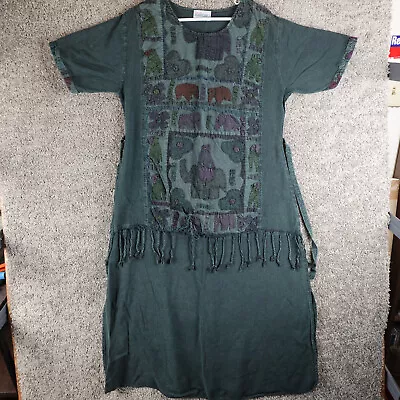 Encounter Dress Free Size Vintage 80s Art To Wear Maxi Elephants Fringe Boho • $21.99