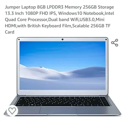 Jumper Laptop 8GB LPDDR3 Memory 256GB Storage 13.3 Inch 1080P FHD IPS Windows10 • £145.95