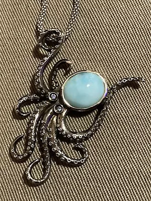 Marahlago Larimar Oxidized Sterling Silver Octopus With Blue Topaz Eyes Necklace • $125