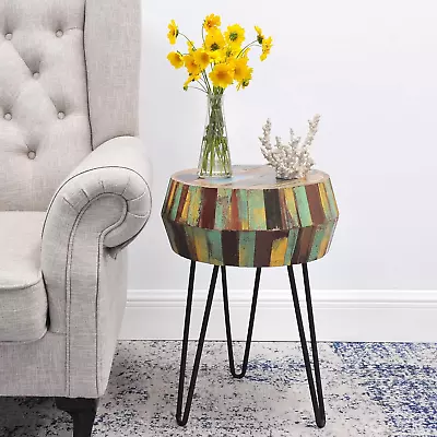 Solid Round Wood Side Table Reclaimed Wood Coffee Tables 16  X 16  X 21  H Vint • $94.99