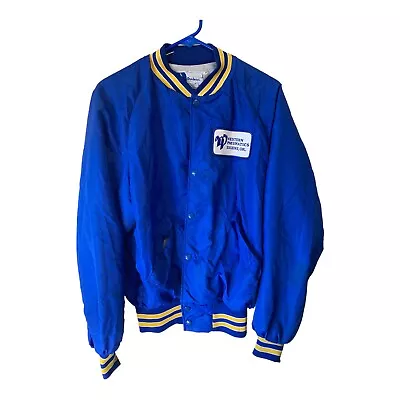 Vintage Dunbrooke Pla-Jac Jacket Mens Large Blue Gold Satin Bomber Varsity • $41.87