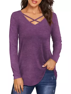 Womens Casual Long Sleeve Loose Fit Criss Cross V Neck T-Shirt Top - Purple (L) • £8.98