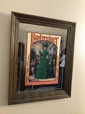 Vintage Budweiser Girl Beer Man Cave Bar Sign Lady In Green Mirror 18”x22” • $108