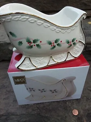 Mikasa Porcelain Ribbon Holly Centerpiece Sleigh Serving Bowl Planter FK017 NIB • $24