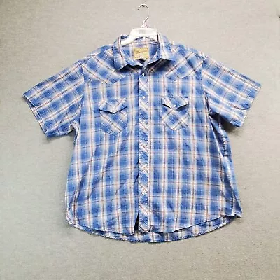 Wrangler Men Button Up Shirt 2XL Blue Plaid Western Pearl Snap Silver Metallic • $11.96