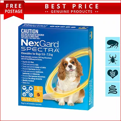 NEXGARD SPECTRA 3.6 To 7.5 Kg YELLOW Heartworm Flea Treatment 6 Doses For Dogs • $90.93