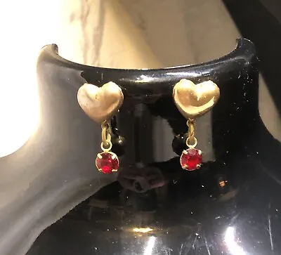 Vintage Dangle Heart Gold Tone Brass Earrings W Red Glass Rhinestones VALENTINES • $19.99